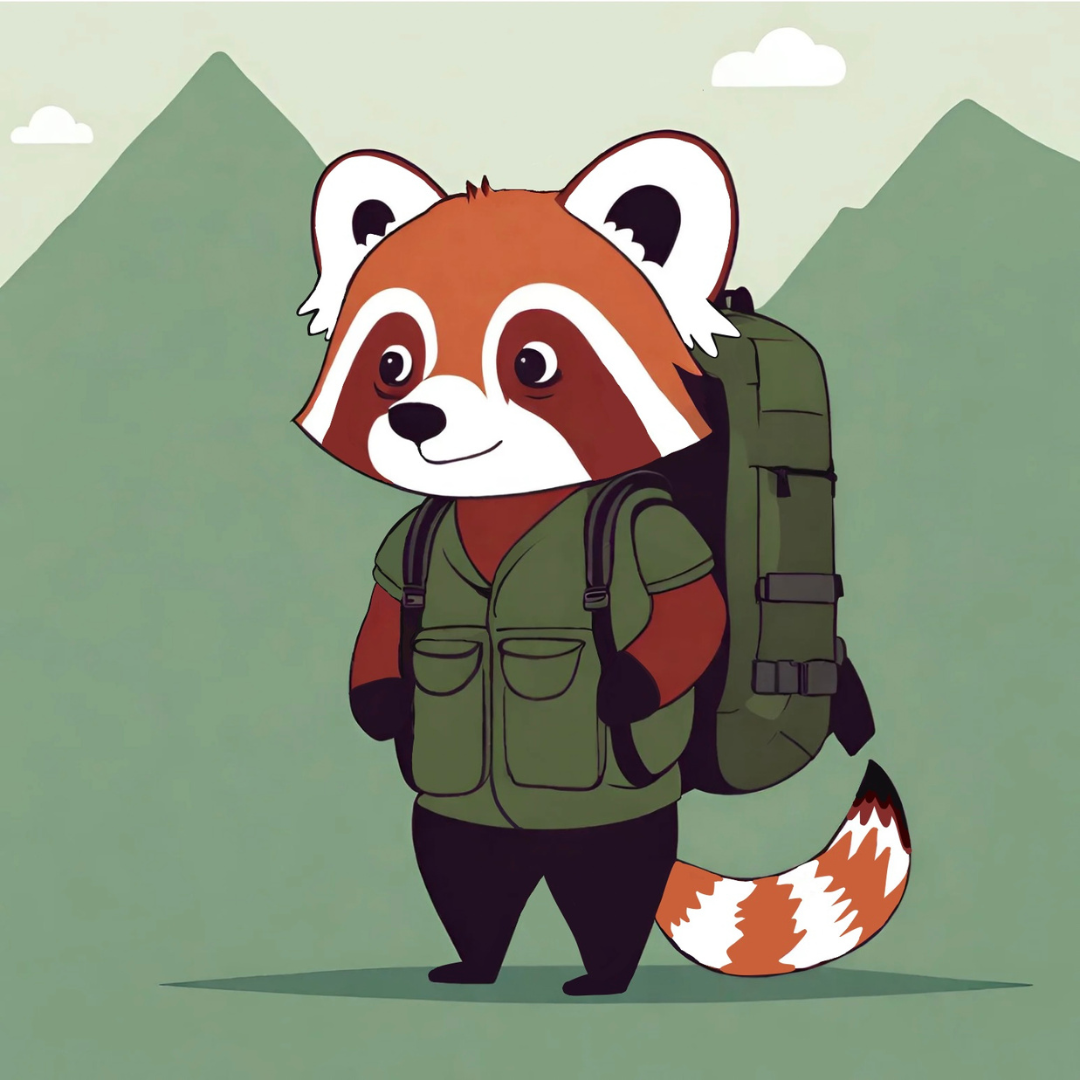 Cartoon red panda dressed in hiking gear.